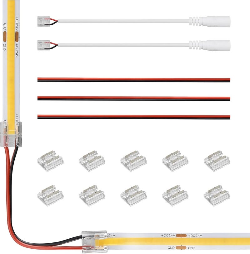 Tatazone 10pcs 2PIN Transparent COB Connectors for Single Color COB Light Strips Solerless Connection (0.31(10mm)-2PIN-FCOB) with 6pcs 15cm Long Wires - Image 1
